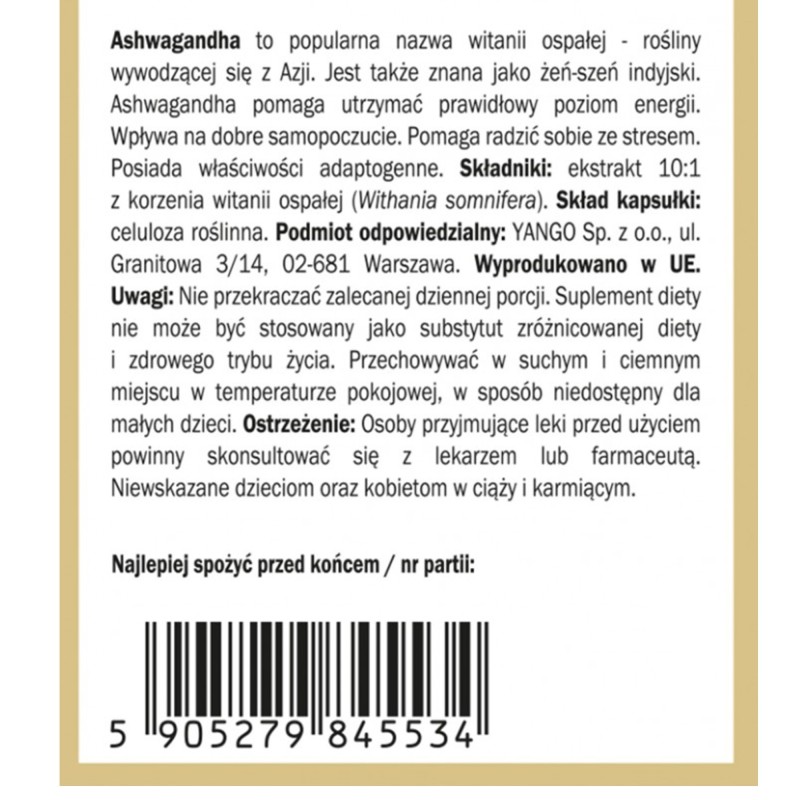 Yango ASHWAGANDHA żeń-szeń indyjski WSPRACIE STRES NIEPOKÓJ 90 kapsułek